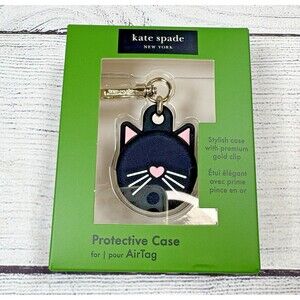 Kate Spade NY Apple AirTag  Protective Keychain Case Black CAT Gold Clip - New
